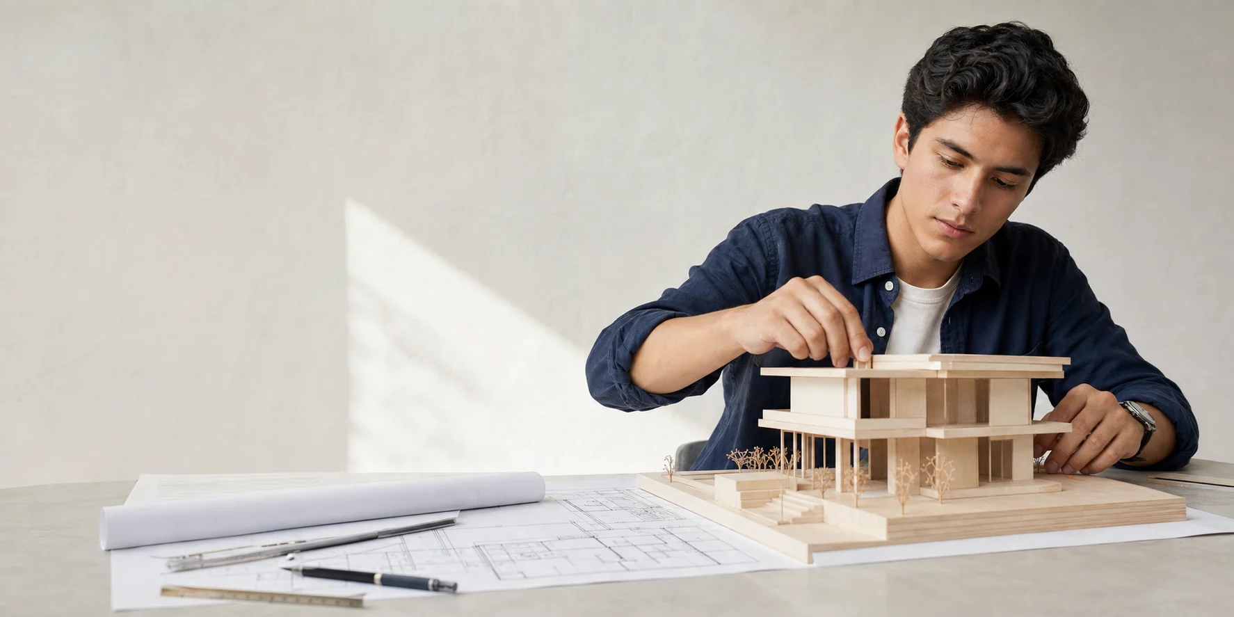 Estudiante de Arquitectura trabajando con una maqueta y planos