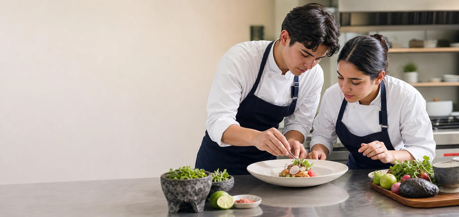 Estudiantes de Gastronomía preparando y presentando un platillo